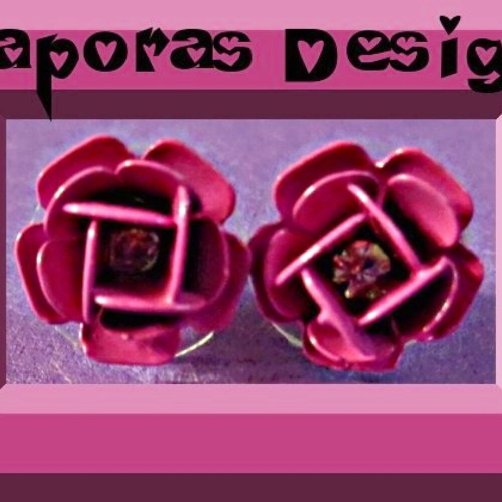 Pink Flower Floral Design Stud Earrings With Clear Crystal